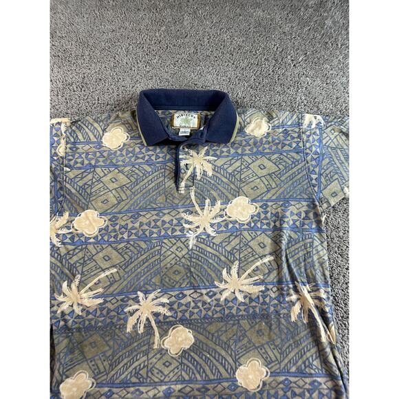 VINTAGE Hibiscus Hawaiian Shirt Mens Large Green Blue Floral Aztec Polo FLAW - Picture 3 of 12